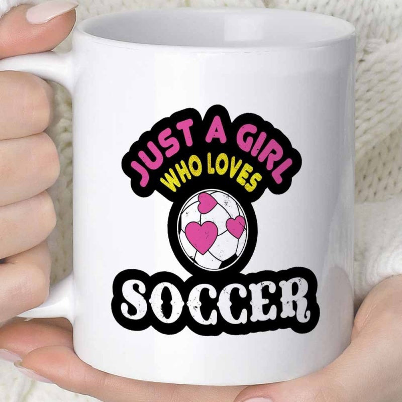 Tailorly White Ceramic 11 oz Mug - Just A Girl Who Loves Soccer Sporty Ball With Decorative Pink Hearts Among Feminine Designs Soccer
