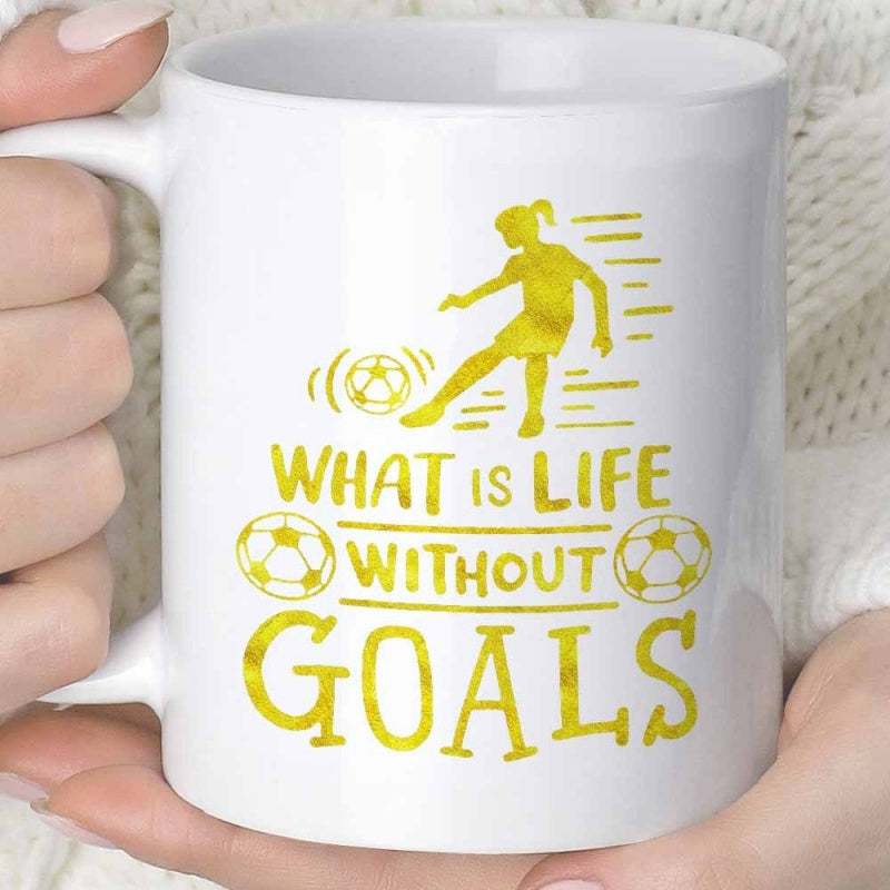 Tailorly White Ceramic 11 oz Mug - What Is Life Without Goals Golden Silhouette Of Female Athlete Kicking Ball With Energetic Movement Lines Player