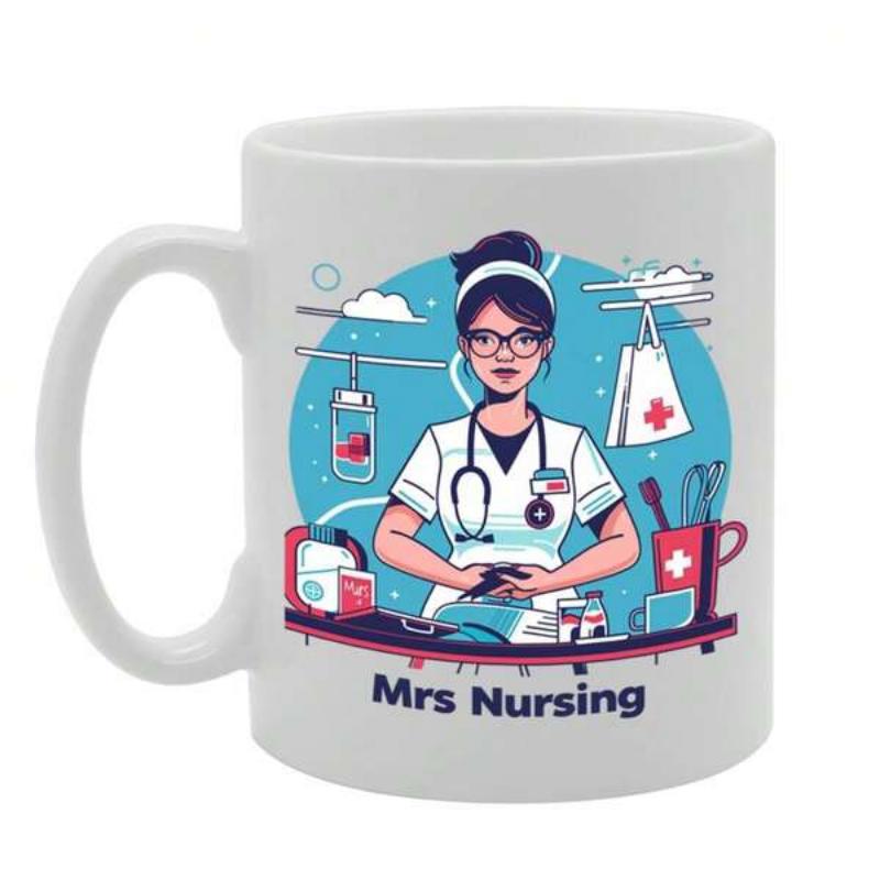 Tailorly White Ceramic 11 oz Mug - Mrs Nursing Professional Medical Scene With Cartoon Character Holding Stethoscope And Equipment Nurse