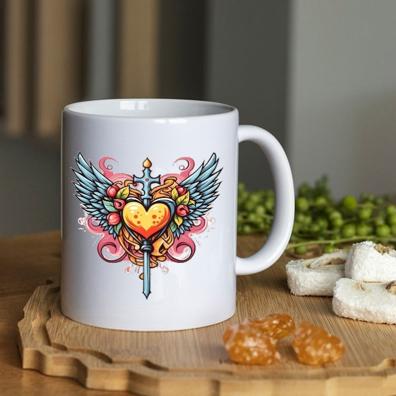 Tailorly White Ceramic 11 oz Mug - Ornate Fantasy Sword Piercing Golden Heart Among Decorative Floral Blue Wings Heart