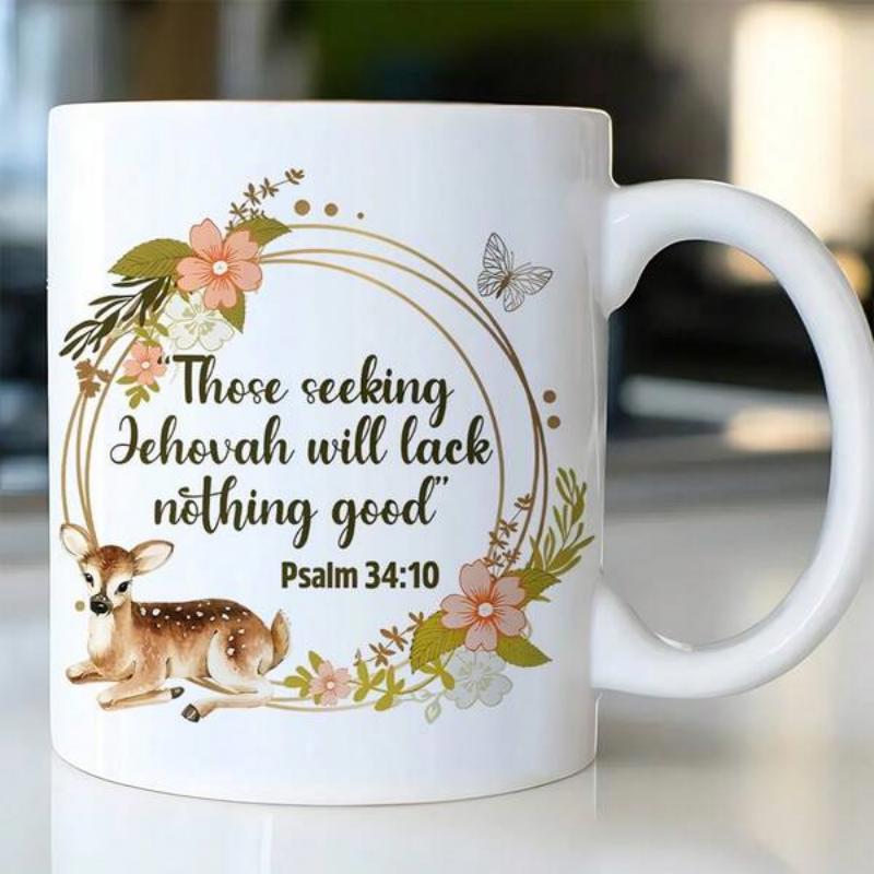 Tailorly White Ceramic 11 oz Mug - Those Seeking Jehovah Will Lack Nothing Good Psalm 34 10 Elegant Floral Wreath With Resting Forest Fawn And Delicate Flying