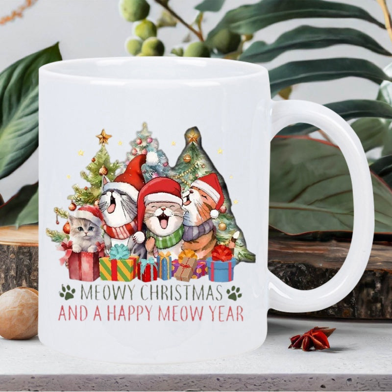 Tailorly White Ceramic 11 oz Mug - Meowy Christmas And A Happy Meow Year Festive Kittens Wearing Santa Hats Among Colorful Gifts And Snowy Christmas Trees Cats