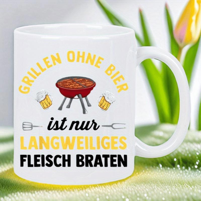 Tailorly White Ceramic 11 oz Mug - Red Charcoal Kettle Barbecue Featuring Frothy Golden Beer Mugs And Utensils Grill