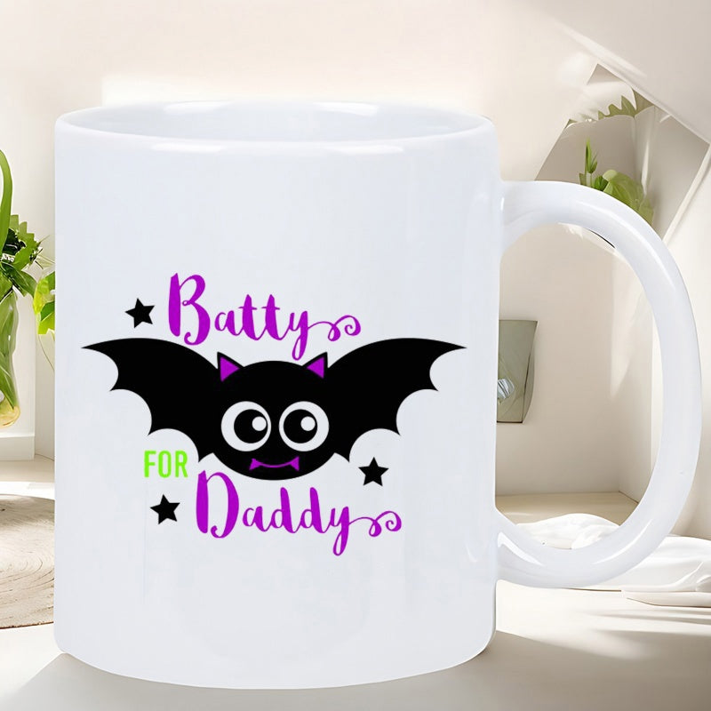 Tailorly White Ceramic 11 oz Mug - Batty For Daddy Cute Cartoon Bat With Large Eyes And Tiny Wings Surrounded By Stars Bat
