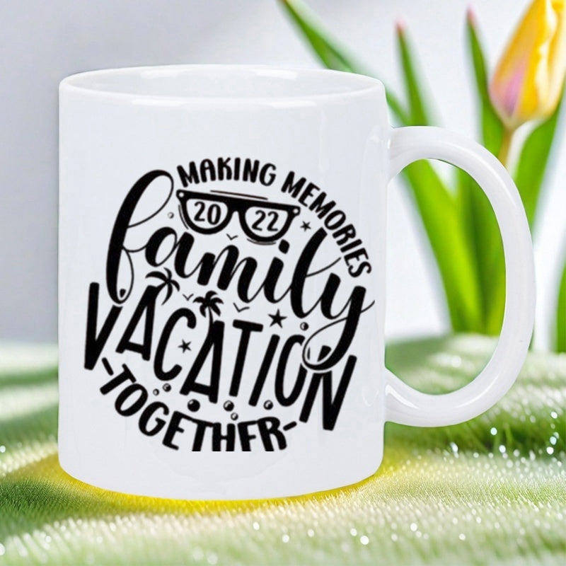 Tailorly White Ceramic 11 oz Mug - Making Memories Family Vacation Together Stylish Tropical Palm Trees Under Shimmering Little Stars Sunglasses