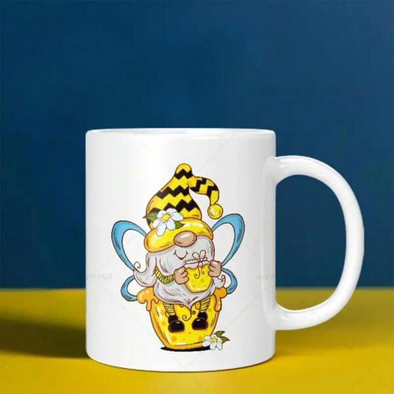 Tailorly White Ceramic 11 oz Mug - Whimsical Garden Dweller Sitting In Honey Pot Holding Cup Gnome