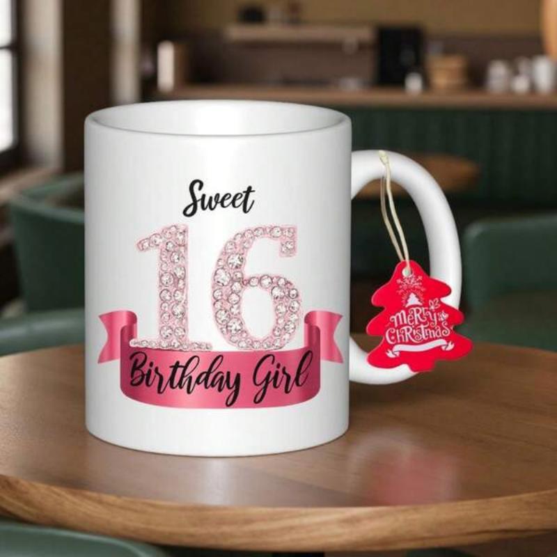 Tailorly White Ceramic 11 oz Mug - Sweet 16 Birthday Girl Pink Glittering Number Sixteen With Decorative Ribbon Banner Festive Ceramic Mug