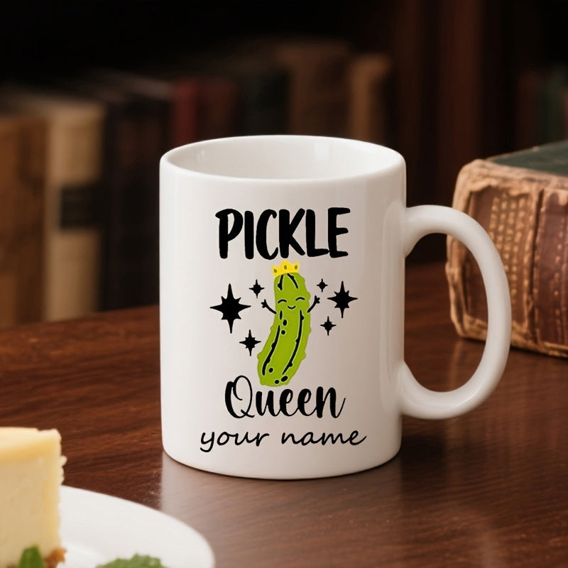 Tailorly White Ceramic 11 oz Mug - Pickle Queen Adorable Smiling Green Character Wearing Tiny Crown With Sparkle Elements Pickle