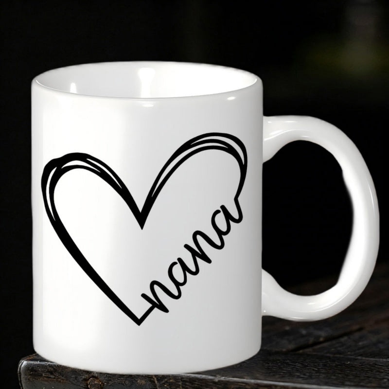 Tailorly White Ceramic 11 oz Mug - Nana Elegant Minimalist Hand Drawn Line Art Featuring A Cursive Style Heart