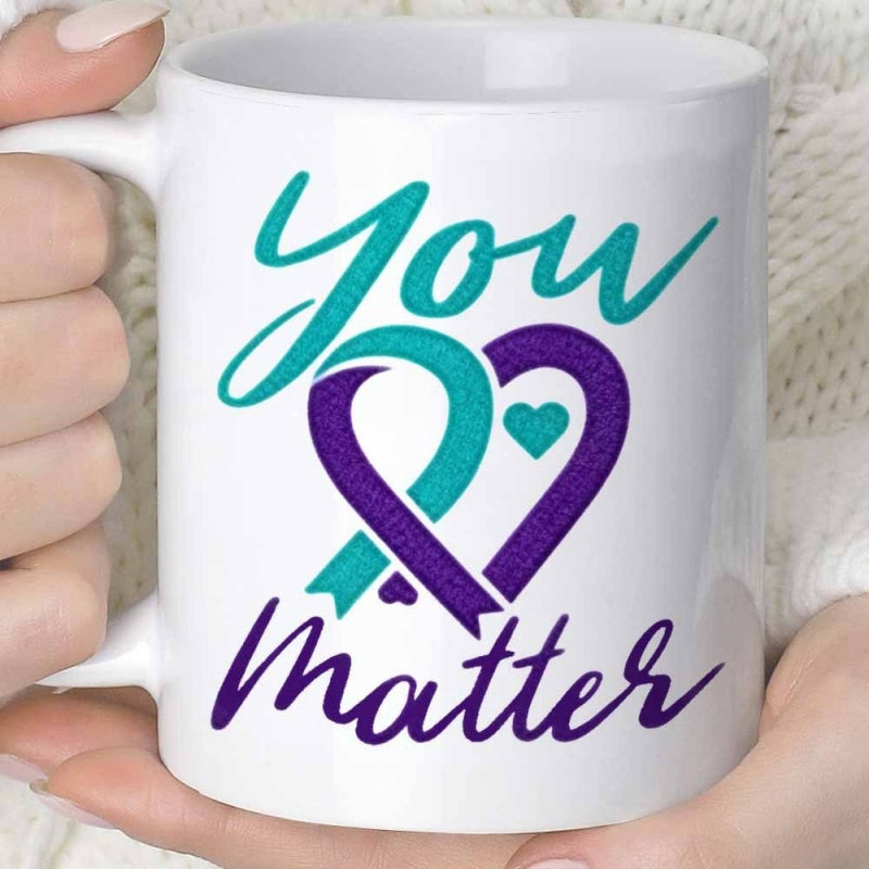 Tailorly White Ceramic 11 oz Mug - You Matter Teal And Purple Ribbons Intertwined In A Caring Supportive Shape Heart