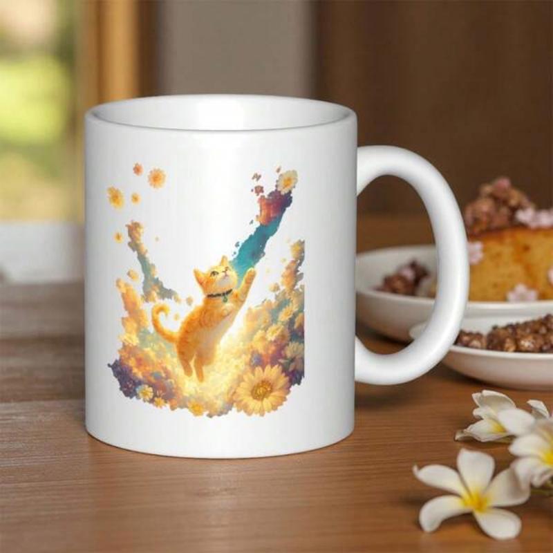 Tailorly White Ceramic 11 oz Mug - Vibrant Watercolor Artistic Style Featuring A Playful Leaping Orange Tabby Cat