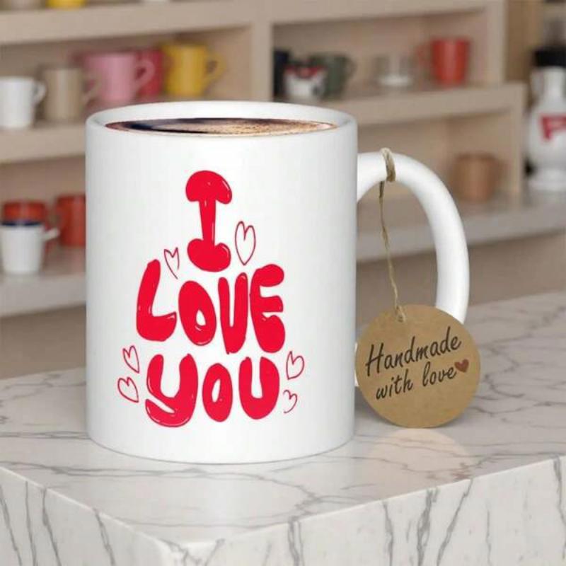 Tailorly White Ceramic 11 oz Mug - I Love You Handmade With Love Bold Red Bubbled Letters Dancing Among Delicate Hand Drawn Sweet Floating Heart
