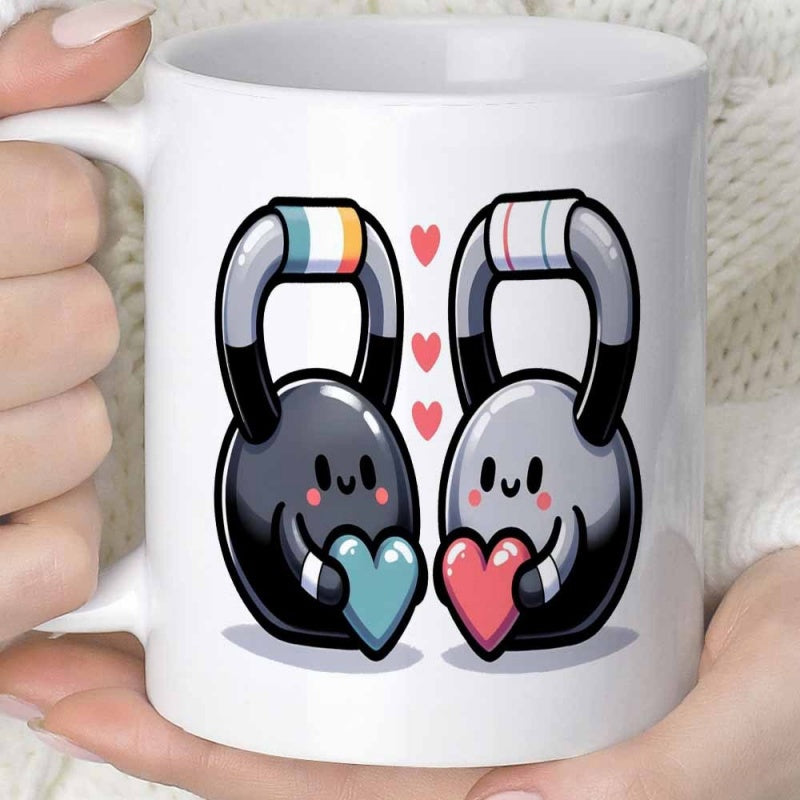 Tailorly White Ceramic 11 oz Mug - Two Adorable Cartoon Fitness Weights Holding Hearts With Sweet Smiling Kettlebell