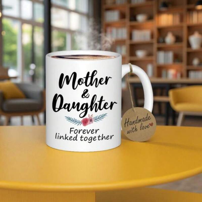 Tailorly White Ceramic 11 oz Mug - Mother Daughter Forever Linked Together Elegant Script Lettering Among Delicate Floral Accents On A Pristine Ceramic Mug