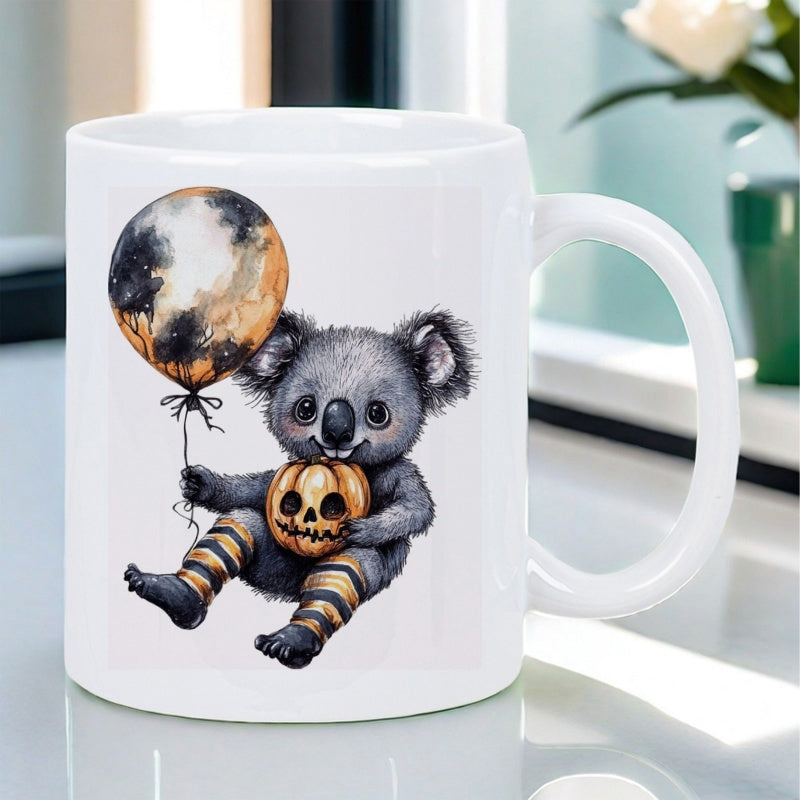 Tailorly White Ceramic 11 oz Mug - Adorable Watercolor Illustration Featuring Baby Animal Holding Carved Halloween Pumpkin Koala