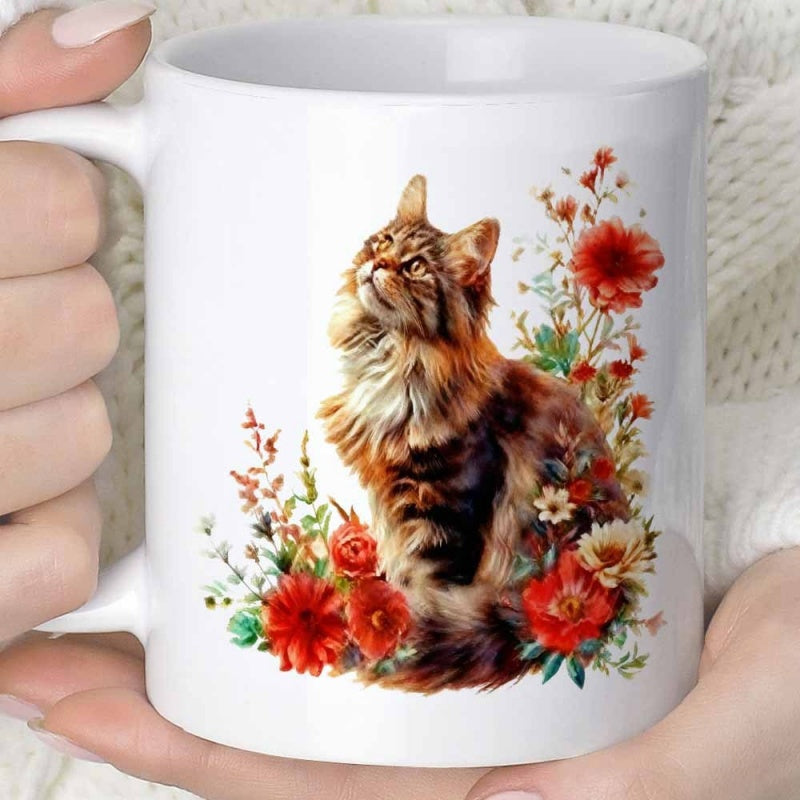 Tailorly White Ceramic 11 oz Mug - Majestic Long Haired Feline Resting Within Vibrant Red Floral Garden Cat