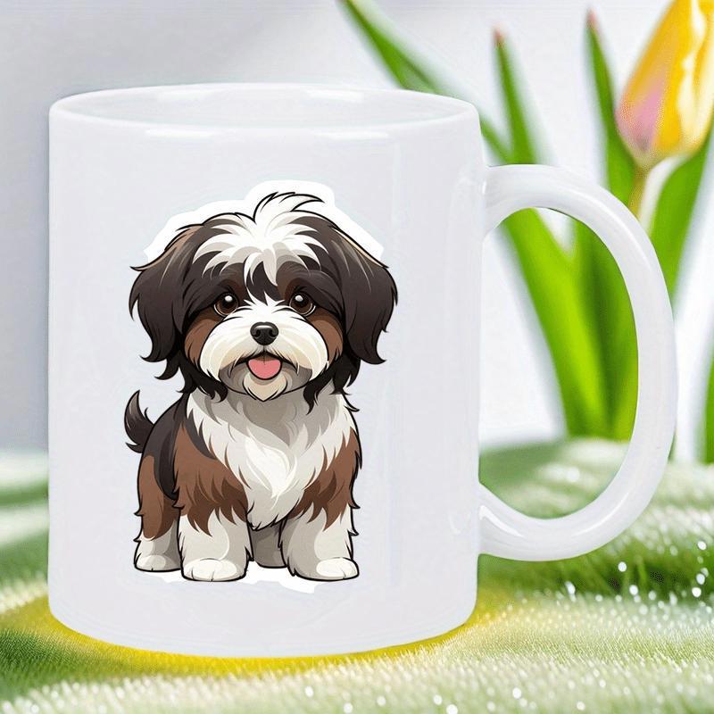 Tailorly White Ceramic 11 oz Mug - Cute Cartoon Shih Tzu Puppy With Fluffy Fur Sitting Peacefully Dog