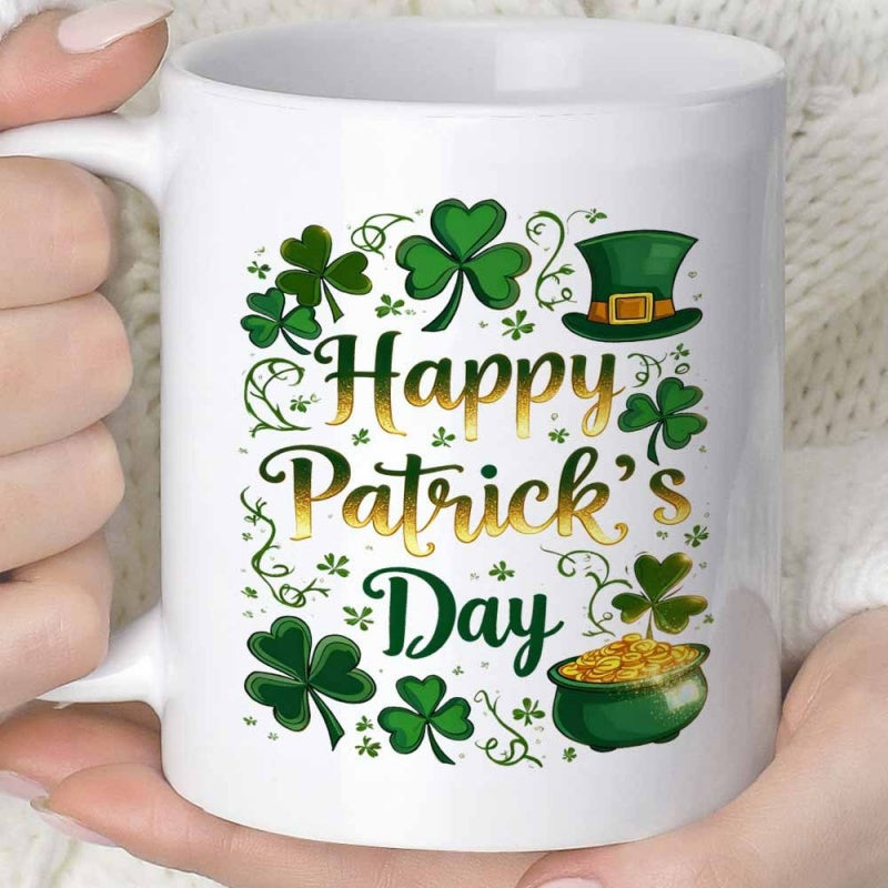 Tailorly White Ceramic 11 oz Mug - Happy Patricks Day Green Clovers With Golden Pot Of Gold Under A Leprechaun Hat Clover