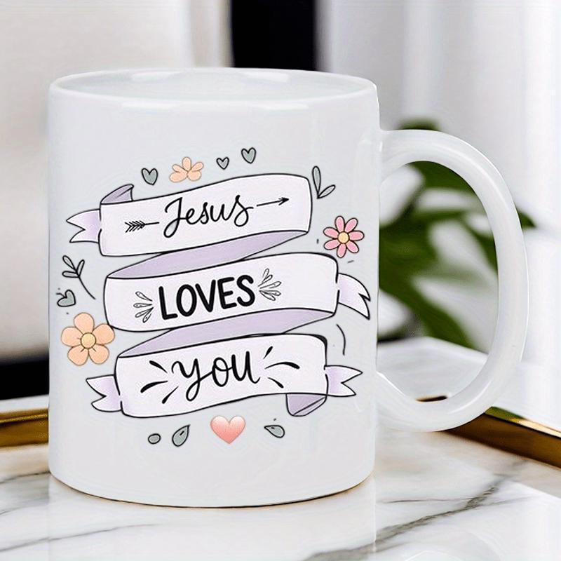 Tailorly White Ceramic 11 oz Mug - Jesus Loves You Delicate Pastel Floral Elements With Decorative Ribbon Banners And Gentle Hearts Ribbon