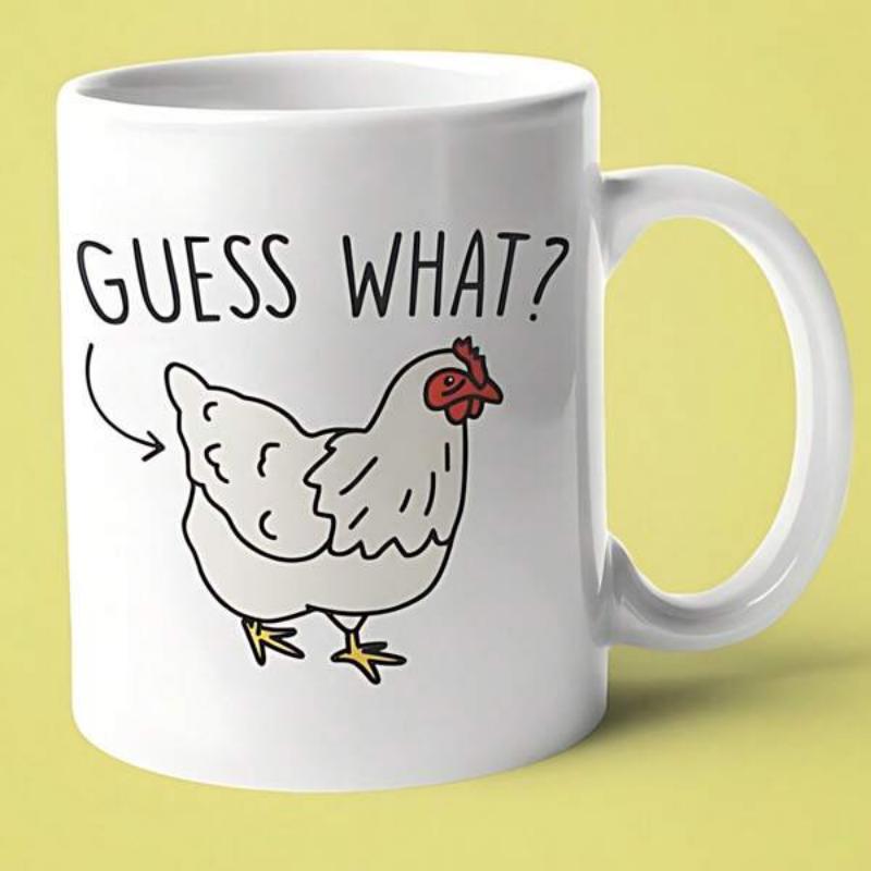 Tailorly White Ceramic 11 oz Mug - Guess What Minimalist Hand Drawn Line Art Illustration Of A Standing Farm Chicken