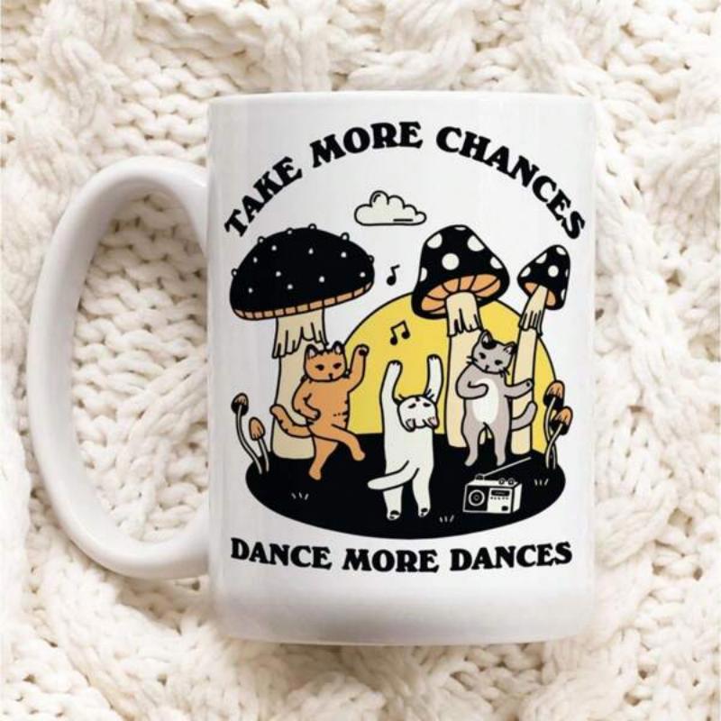 Tailorly White Ceramic 11 oz Mug - Take More Chances Dance More Dances Whimsical Cartoon Cats Dancing Joyfully Under Large Spotted Retro Forest Mushroom