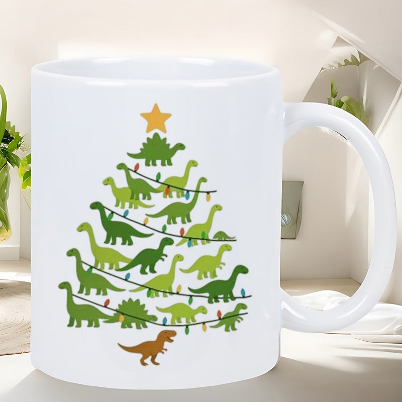 Tailorly White Ceramic 11 oz Mug - Festive Prehistoric Creatures Arranged In A Triangle Shape Topped With Shining Star Dinosaur