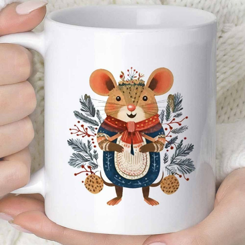 Tailorly White Ceramic 11 oz Mug - Adorable Festive Mouse Wearing Cozy Scarf And Sweater Among Pine Branches Mouse