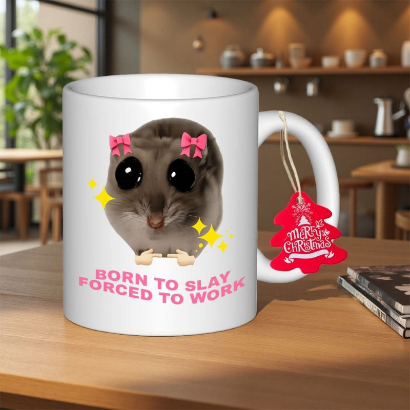 Tailorly White Ceramic 11 oz Mug - Born To Slay Forced To Work Adorable Small Gray Possum With Pink Hair Bows And Shy Hands Possum
