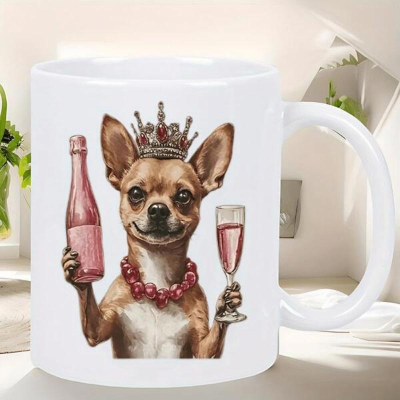 Tailorly White Ceramic 11 oz Mug - Regal Brown Dog Wearing Sparkling Crown Holding Pink Wine Bottle And Glass Dog