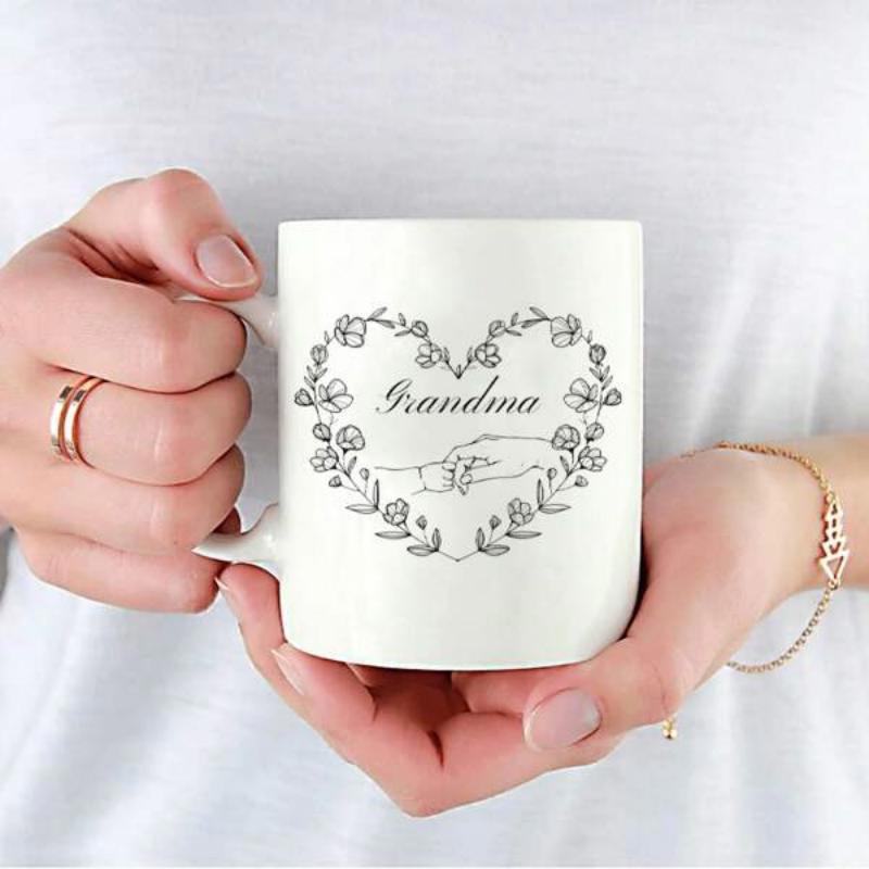 Tailorly White Ceramic 11 oz Mug - Grandma Elegant Floral Wreath Featuring Two Gentle Intertwined Holding Hands Heart