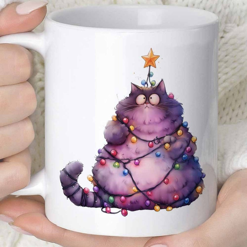 Tailorly White Ceramic 11 oz Mug - Chubby Purple Feline Decorated With Colorful Glowing Festive Holiday String Lights Cat