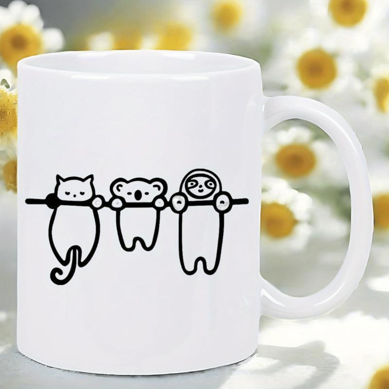 Tailorly White Ceramic 11 oz Mug - Minimalist Black Line Art Of A Cat Koala And Sloth Hanging Animals