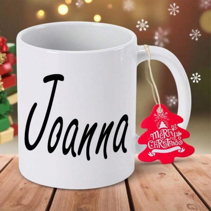 Tailorly White Ceramic 11 oz Mug - Joanna Elegant Script Writing On Minimalist White Ceramic Festive Holiday Theme Mug