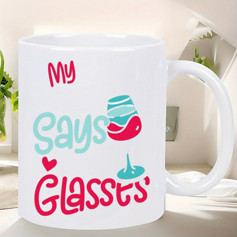 Tailorly White Ceramic 11 oz Mug - My Says Glasses Artistic Minimalist Liquid Filled Beverage Vessel Within Vibrant Modern Pop Color Palette Glass