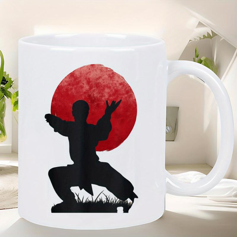 Tailorly White Ceramic 11 oz Mug - Martial Arts Silhouette Standing Before A Large Red Textured Sun Warrior