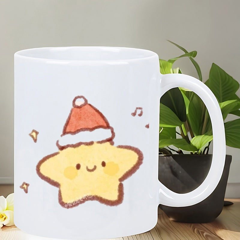 Tailorly White Ceramic 11 oz Mug - Cute Hand Drawn Smiling Yellow Character Wearing Festive Red Holiday Hat Star