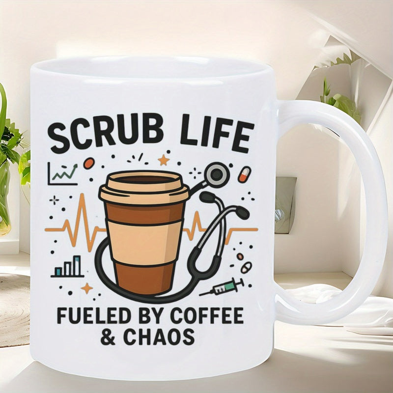 Tailorly White Ceramic 11 oz Mug - Scrub Life Fueled By Coffee Chaos Medical Stethoscope Wrapped Around A Large Coffee Cup With Heartbeat Line Mug