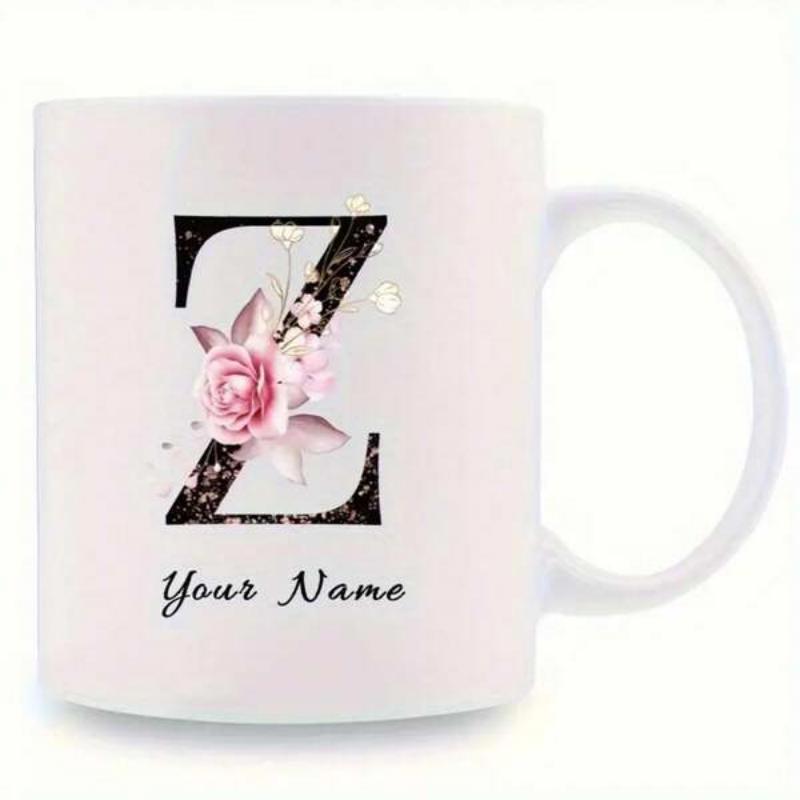Tailorly White Ceramic 11 oz Mug - Your Name Elegant Pink Roses Blooming Around A Black Textured Marble Style Alphabet Initial