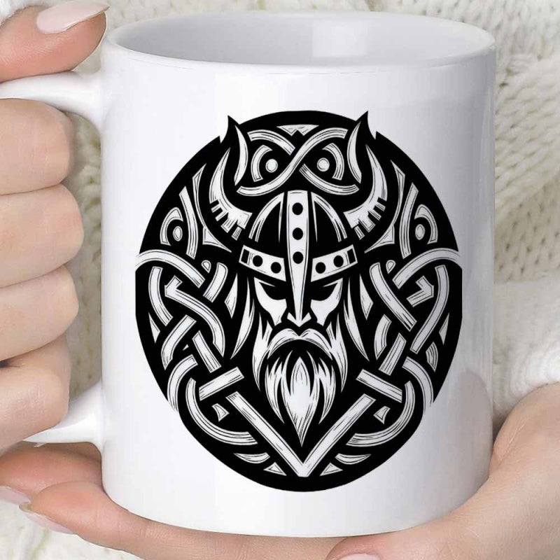 Tailorly White Ceramic 11 oz Mug - Intricate Celtic Knots Surrounding A Bearded Norse Mythological Fierce Warrior Viking