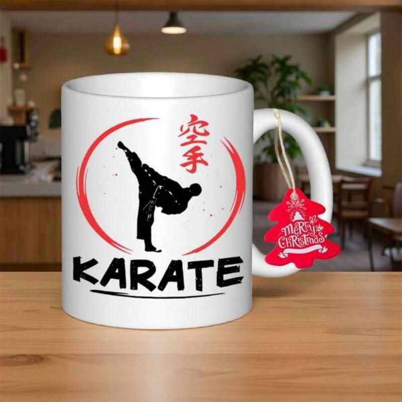 Tailorly White Ceramic 11 oz Mug - Karate Strong Silhouette Of Martial Artist Performing High Kick Inside Red Brush Circle Fighter