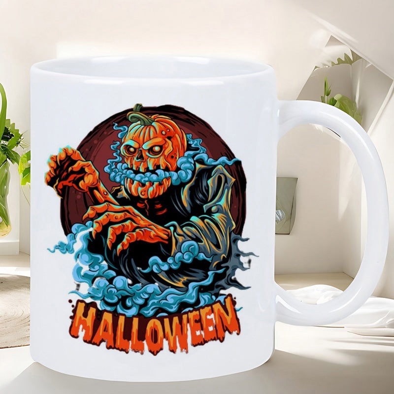 Tailorly White Ceramic 11 oz Mug - Halloween Spooky Skeleton With Carved Jack O Lantern Head Amidst Blue Swirling Smoke Pumpkin