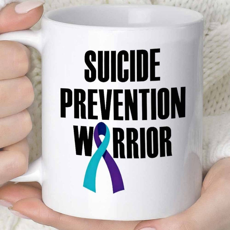 Tailorly White Ceramic 11 oz Mug - Suicide Prevention Warrior Teal And Purple Awareness Symbol Placed Inside Text Ribbon
