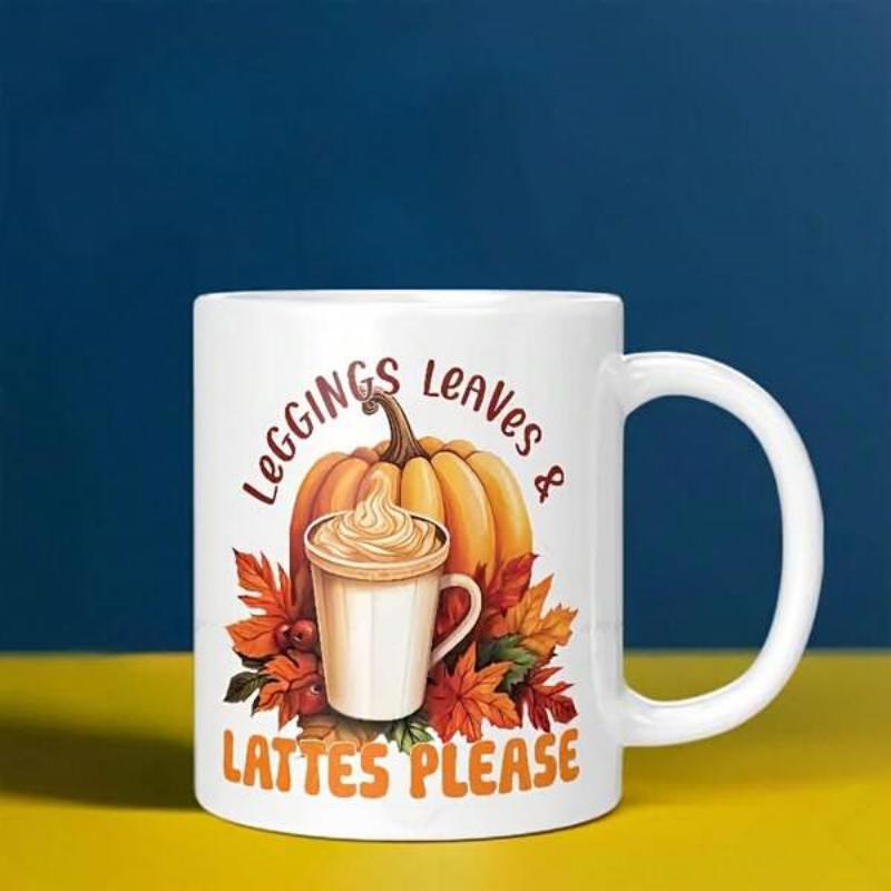 Tailorly White Ceramic 11 oz Mug - Leggings Leaves Lattes Please Vibrant Autumnal Pumpkin Surrounded By Colorful Fallen Leaves And Latte Pumpkin