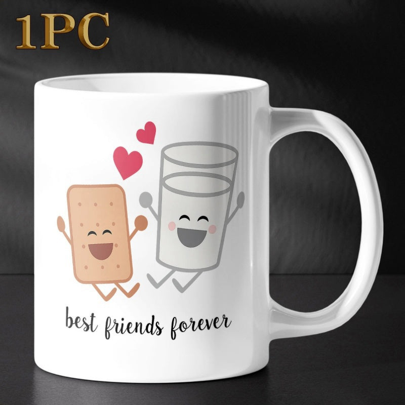 Tailorly White Ceramic 11 oz Mug - Best Friends Forever Cute Cartoon Milk And Cracker Duo With Radiant Tiny Pink Hearts Illustration
