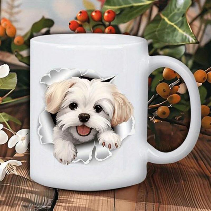 Tailorly White Ceramic 11 oz Mug - Small White Fluffy Puppy Peeking Through Torn Paper Effect Realistic Dog