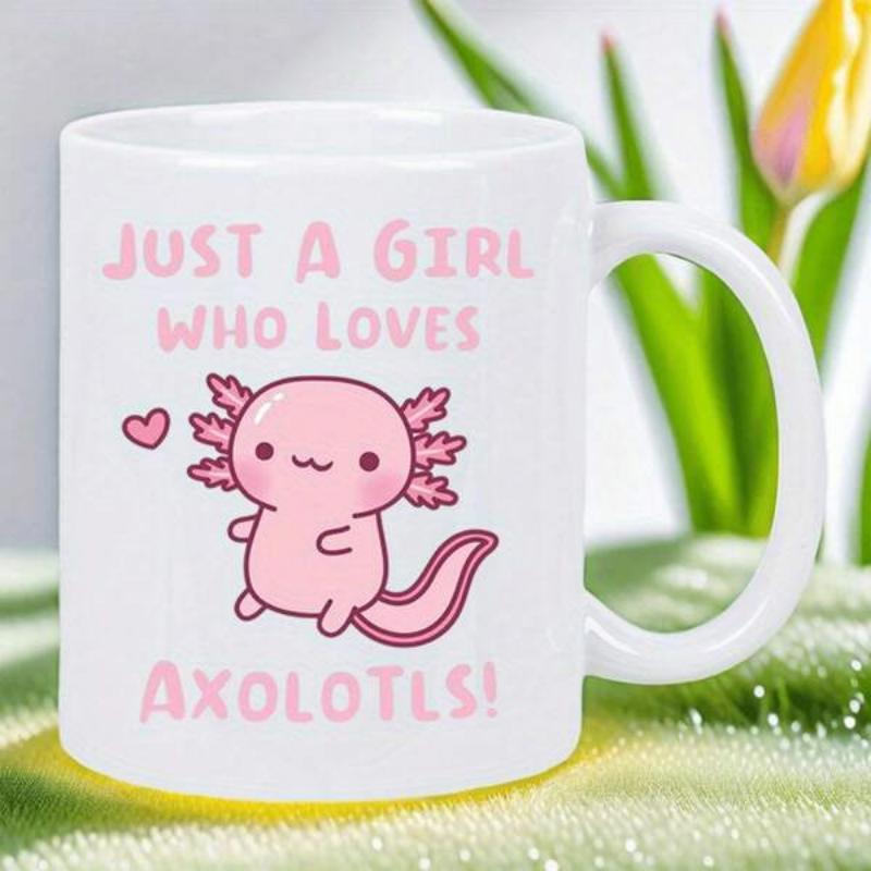 Tailorly White Ceramic 11 oz Mug - Just A Girl Who Loves Axolotls Cute Pink Cartoon Salamander Smiling Gently Among Floating Tiny Hearts Axolotl
