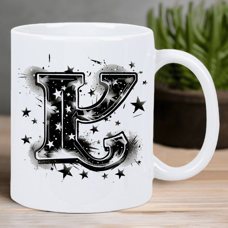 Tailorly White Ceramic 11 oz Mug - K Bold Artistic Black Initial Decorated With Splatters And Twinkling Stars Letter