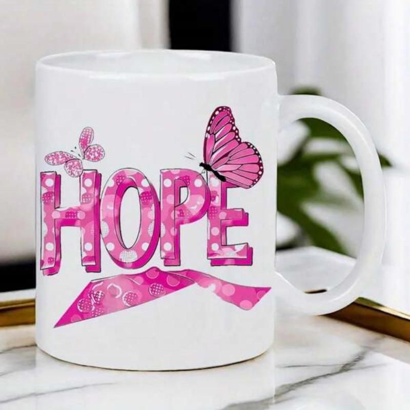 Tailorly White Ceramic 11 oz Mug - Hope Pink Butterflies Dancing Above Vibrant Polka Dotted Pattern Letters And Ribbon Butterfly