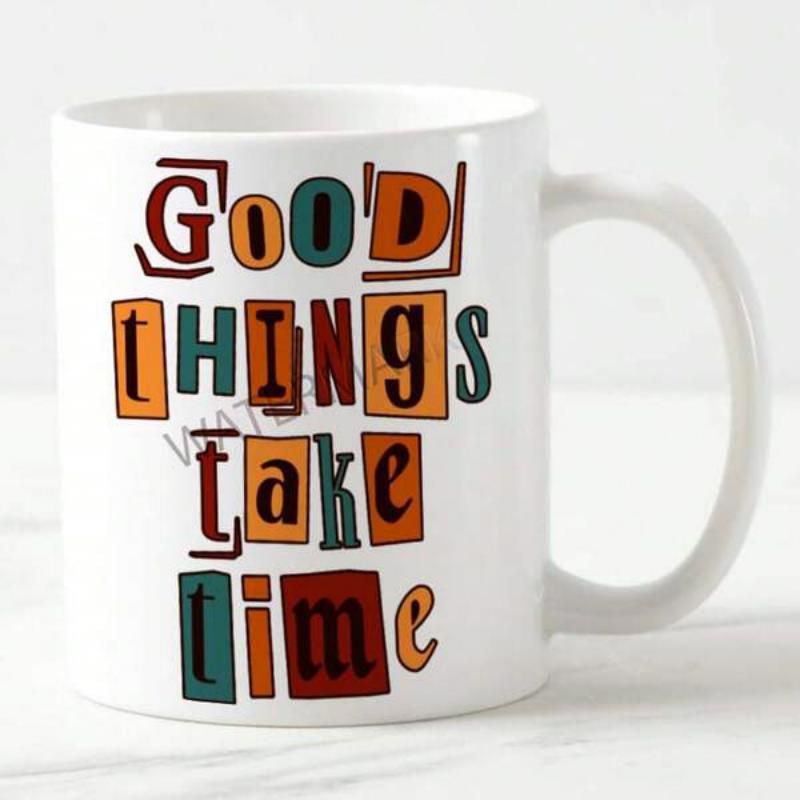 Tailorly White Ceramic 11 oz Mug - Good Things Take Time Colorful Retro Geometric Blocks Holding Stylized Bold Lettering Mug