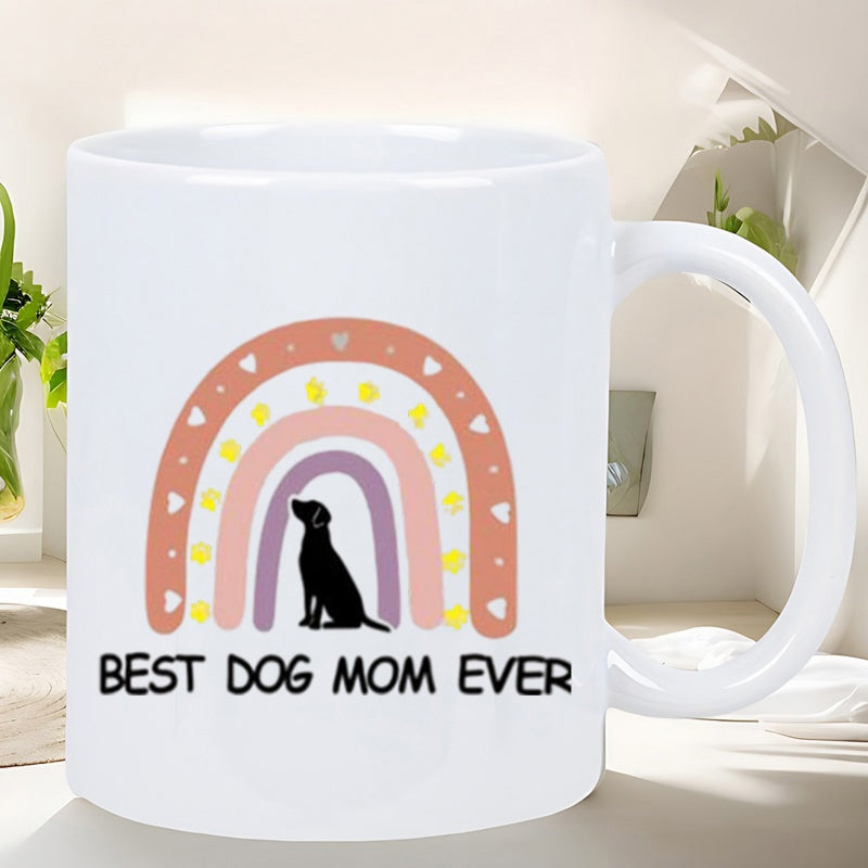 Tailorly White Ceramic 11 oz Mug - Best Dog Mom Ever Boho Rainbow With Tiny Hearts And A Loyal Sitting Silhouette Dog